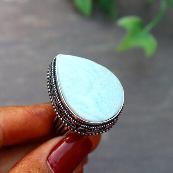 Stunning Larimar Ring/ 9 1/4 US Size Vintage Ring/ Silver Plated - Picture 5 of 7